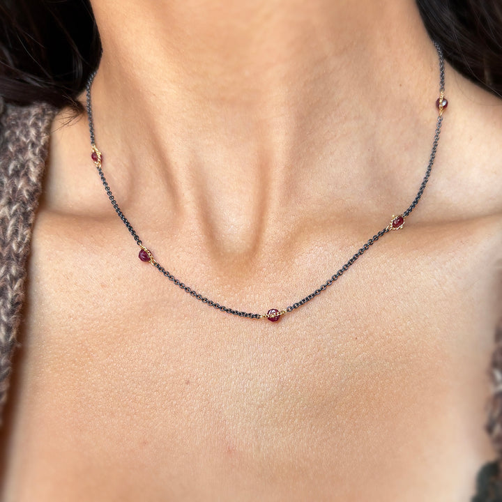 Faceted Ruby Silver & Gold Station Necklace - "Islands of Ruby"