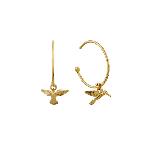 Yellow Gold Hoop Earrings - "Teeny Tiny Hummingbirds"