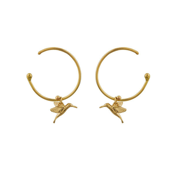 Yellow Gold Hoop Earrings - "Teeny Tiny Hummingbirds"