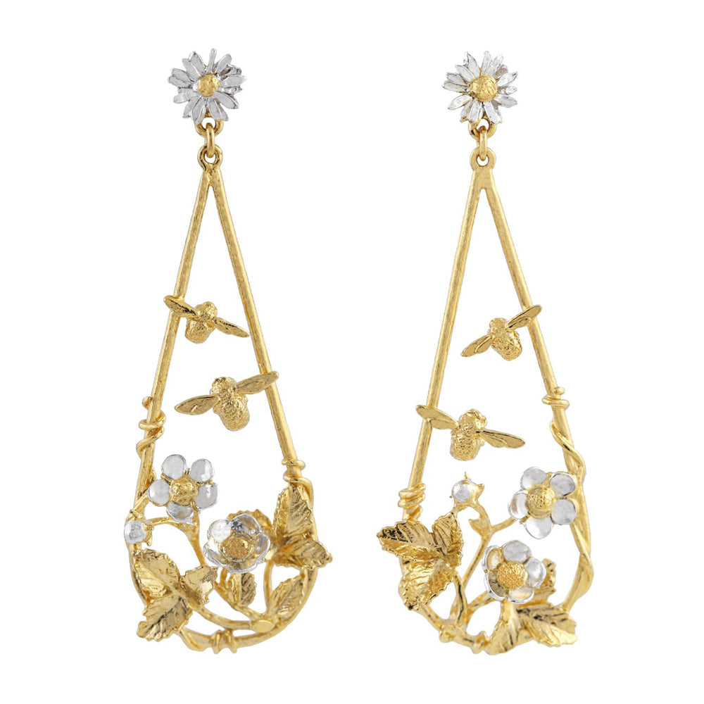 Gold Vermeil & Sterling Silver Earrings - "Strawberry Patch with Buzzing Bees"