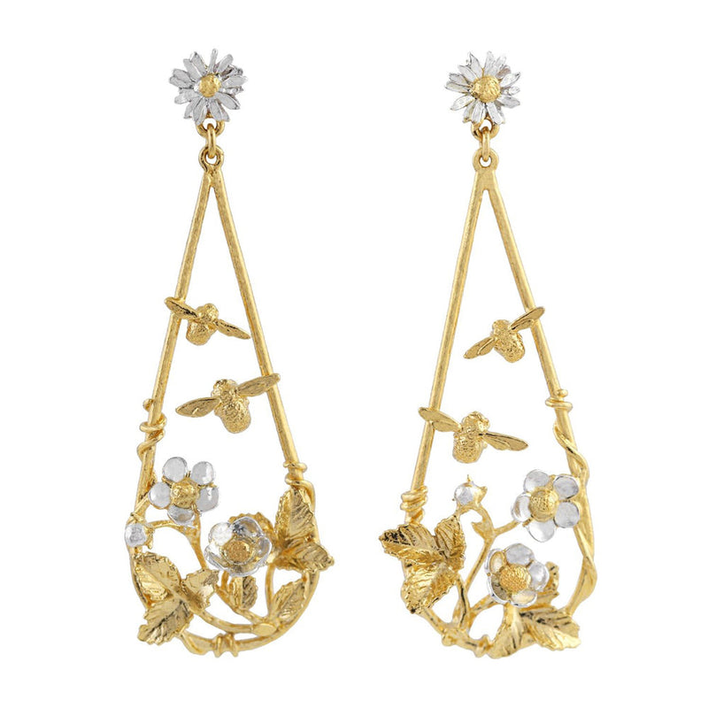 Gold Vermeil & Sterling Silver Earrings - "Strawberry Patch with Buzzing Bees"