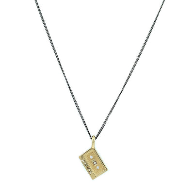 Diamond Accented Yellow Gold Medium Mixtape Pendant & Oxidized Silver Curb Chain