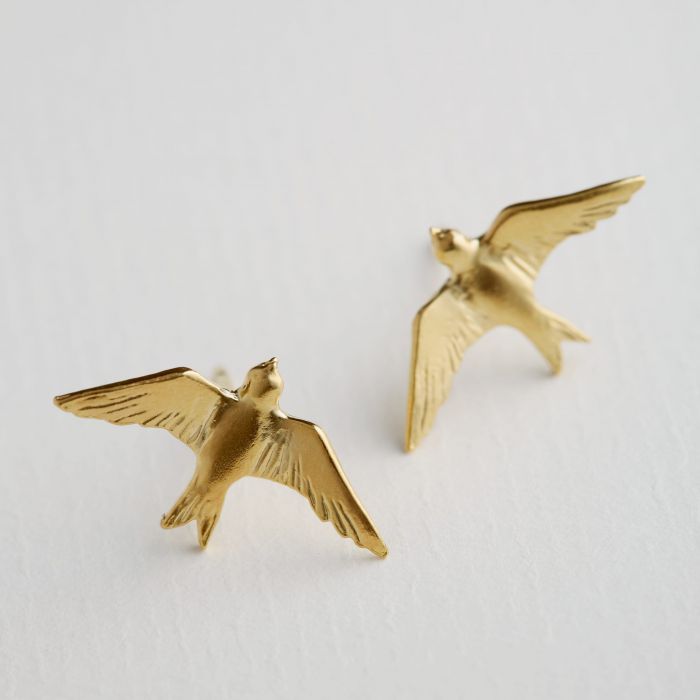 Gold Vermeil Stud Earrings - "Flying Swallows"