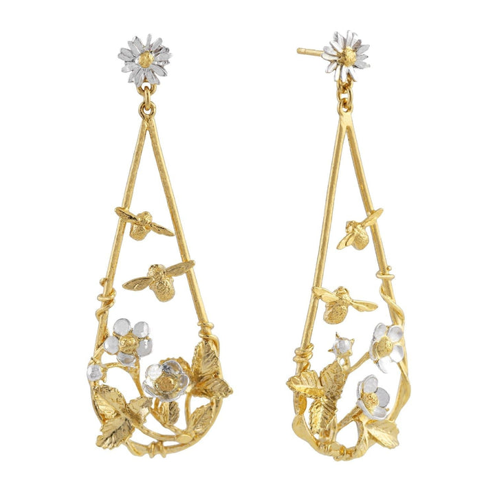 Gold Vermeil & Sterling Silver Earrings - "Strawberry Patch with Buzzing Bees"