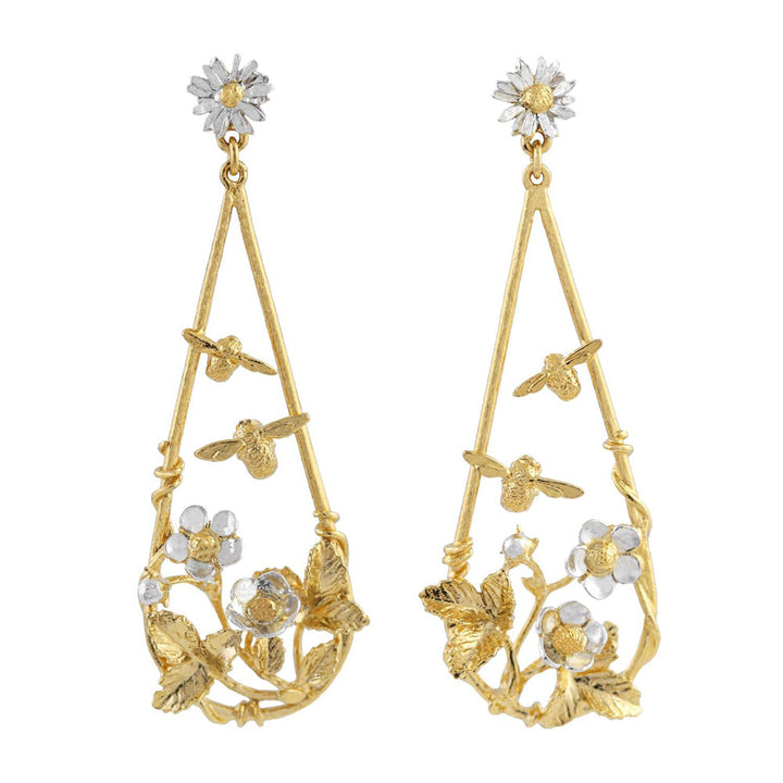 Gold Vermeil & Sterling Silver Earrings - "Strawberry Patch with Buzzing Bees"