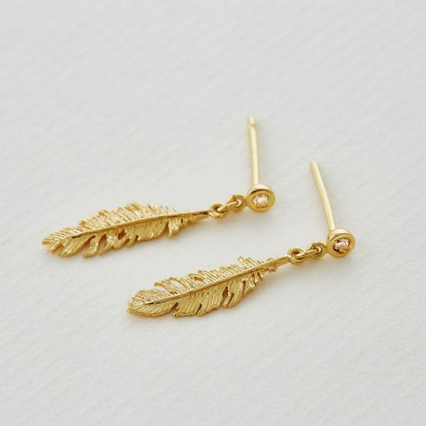 18K Gold & Champagne Diamond Drop Earrings - "Plume"